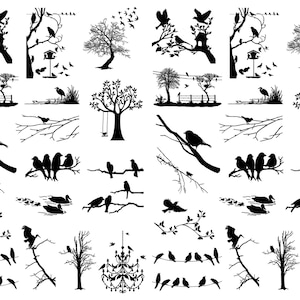 Op de afbeelding: Een verzameling zwarte silhouetstickers met diverse vogels, bomen, takken en sierlijke kroonluchters. De ontwerpen tonen vogels zittend op draden, vliegend in zwermen, rustend op boomtakken en zwemmend in water, alles op een witte achtergrond.