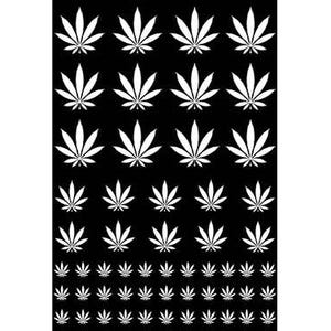 May include: A black sheet featuring a repeating pattern of white cannabis leaf decals arranged in rows. The design includes three rows of large leaves, two rows of medium leaves, and three rows of small leaves, all in a high-contrast white colour.