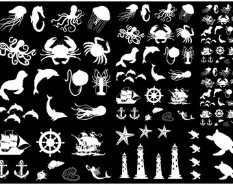 May include: A collection of white nautical and marine life silhouettes on a black background, featuring various sea creatures like octopuses, crabs, jellyfish, dolphins, and seals, alongside maritime symbols including ships, anchors, and lighthouses.