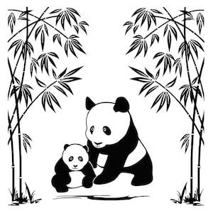 May include: Black and white silhouette of a mother panda and her cub standing in front of a bamboo forest.
