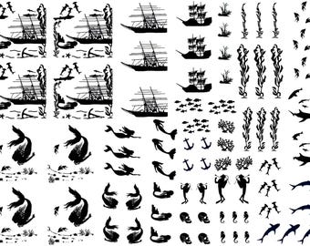 May include: A collection of black silhouette decals featuring nautical and underwater themes, including sailing ships, mermaids, sharks, anchors, coral, seaweed, skulls, and divers, arranged in a grid pattern on a plain white background.