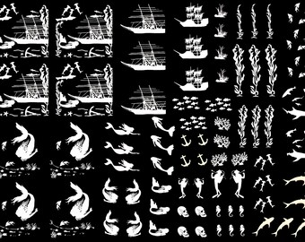 Könnte beinhalten: Eine Sammlung weißer Aufkleber mit nautischen und Unterwassermotiven auf schwarzem Hintergrund, darunter Segelschiffe, Meerjungfrauen, Haie, Anker, Korallen, Seetang, Totenköpfe, Taucher und verschiedene kleine Fischsilhouetten in einem Raster.