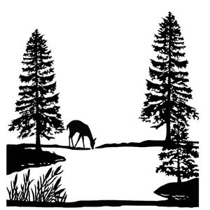 May include: Black silhouette of two pine trees on either side of a lake with a deer drinking from the water.