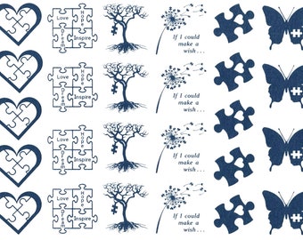 Autism Awareness Heart Puzzle 26 pcs 1" Blue Fused Glass Decals