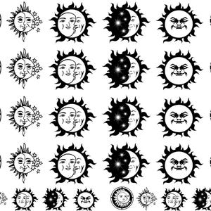 Celestial Sun Moon 34 pcs 0.75 to 1 Inch Black Fused Glass Decals