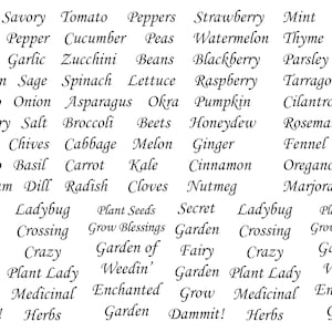 May include: A black and white image with a list of words in cursive script. The words are divided into columns and include names of herbs, vegetables, fruits, and spices. The words are arranged in a grid pattern, with each column containing a different category of plant.