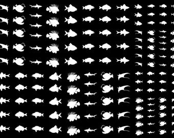 May include: A collection of white silhouettes of various fish species arranged in a grid pattern against a solid black background. The graphic includes diverse marine life forms such as sharks, rays, and anglerfish, displayed in multiple rows.