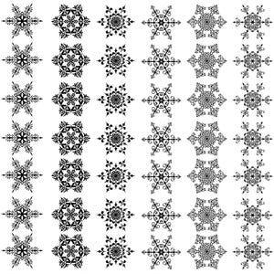 May include: A collection of black snowflake icons arranged in a grid pattern on a white background. Each icon features a unique, intricate, and symmetrical geometric design with six-pointed star shapes, filigree details, and sharp edges.