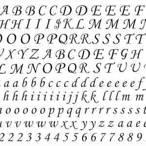 May include: A collection of black cursive letters and numbers arranged in rows on a white background. The set includes multiple instances of uppercase and lowercase alphabet characters followed by a sequence of digits from one to zero.