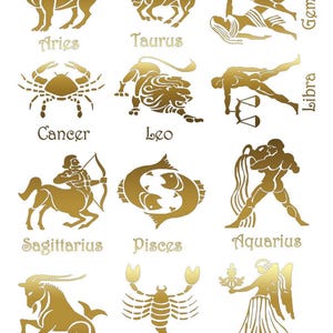 Astrology Zodiac Signs 12 pcs 22k Gold Fused Glass Decals