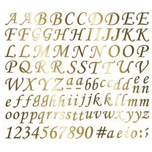 Letras e números do alfabeto da fonte Corsiva, 9,5 mm de altura, 106 peças, decalques de vidro fundido a ouro 22k.