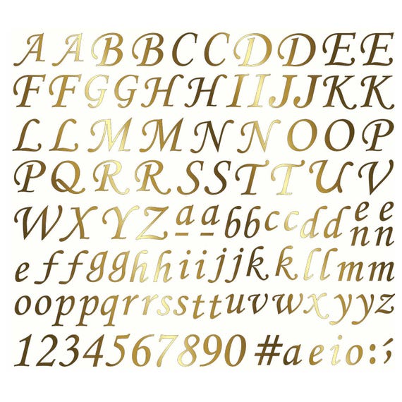 Corsiva Font Alphabet Letters Numbers 3/8 Inch Tall 106 pcs 22k Gold Fused Glass Decals