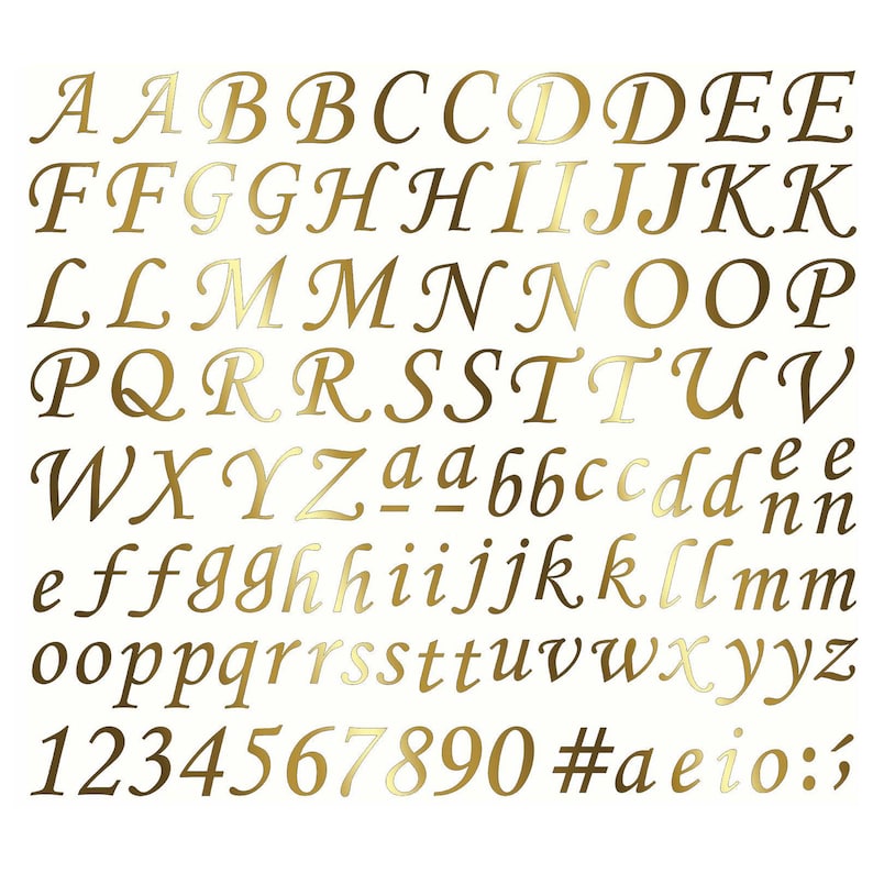 Corsiva Font Alphabet Letters Numbers 3/8 Inch Tall 106 pcs 22k Gold Fused Glass Decals image 1