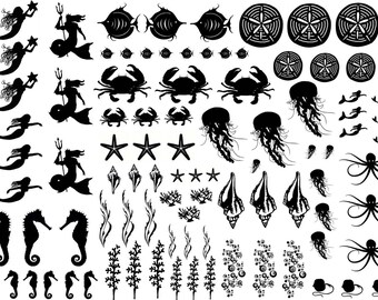 May include: A collection of black silhouette decals featuring various marine life and mythical figures, including mermaids, mermen with tridents, seahorses, crabs, jellyfish, octopuses, starfish, sand dollars, seashells, coral, and seaweed plants.