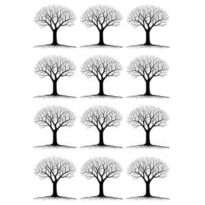 May include: A digital illustration of twelve bare trees with branches, arranged in four rows of three trees each. The trees are black against a white background.