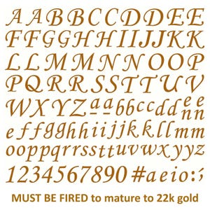 Corsiva Font Alphabet Letters Numbers 3/8 Inch Tall 106 pcs 22k Gold Fused Glass Decals image 2