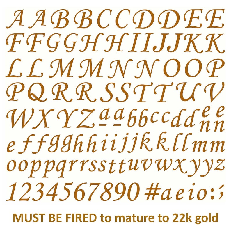 Corsiva Font Alphabet Letters Numbers 3/8 Inch Tall 106 pcs 22k Gold Fused Glass Decals image 2