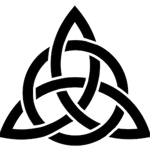 May include: A black triquetra symbol consisting of three interconnected arcs forming a central triangle shape with pointed ends. The design features a continuous, interlaced line pattern that creates a symmetrical, balanced graphic icon on a white background.