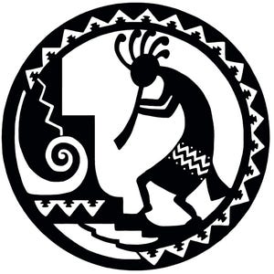 May include: Black and white stylized illustration of a Native American Kokopelli figure playing a flute, surrounded by geometric patterns. The figure is standing on a platform with a spiral design.