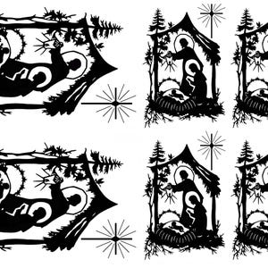 Peut inclure: Illustration en silhouette noire et blanche de la scène de la nativité avec Marie, Joseph et l'enfant Jésus dans une crèche. La scène est entourée d'arbres et d'une étoile.
