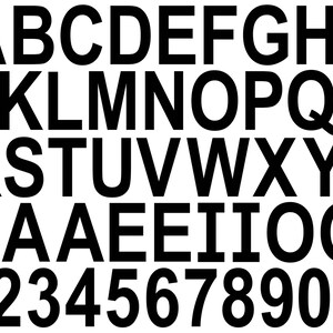 Könnte beinhalten: Schwarzweißes Bild des Alphabets in Großbuchstaben und der Zahlen 1 bis 9 sowie 0 und 2.