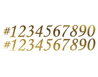May include: Two identical rows of gold-coloured decals featuring the hashtag symbol followed by the numbers 1, 2, 3, 4, 5, 6, 7, 8, 9, and 0. The characters are presented in a clean, serif-style font with a smooth, metallic gradient finish.