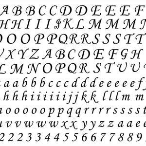 May include: A black and white image of the alphabet in cursive script, with both uppercase and lowercase letters, as well as numbers 0-9. The letters are arranged in rows, with the uppercase letters at the top, followed by lowercase letters, and then numbers.