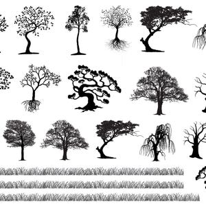 May include: A collection of black silhouette tree illustrations, including a variety of tree shapes and sizes, with a row of grass at the bottom of the image.