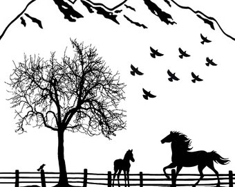 Horse Colt Pasture 2 pcs 4" Black Fused Glass Decals