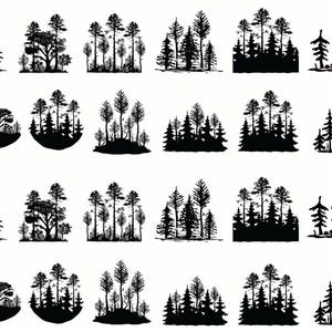 Könnte beinhalten: Eine Sammlung von 20 schwarzen Silhouettenbildern verschiedener Baum- und Waldtypen. Die Bilder sind in einem Raster angeordnet.