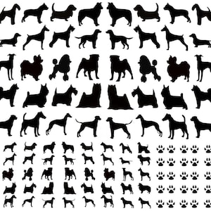 May include: A collection of black silhouettes featuring various dog breeds in different poses, arranged in rows. The image includes multiple sizes of dog outlines and several rows of small paw prints on the right side against a white background.