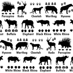 May include: Black and white silhouette illustrations of various animals, including a giraffe, porcupine, kudu, cheetah, warthog, hyena, wildebeest, buffalo, elephant, rhino, and hippo. Each animal is accompanied by a silhouette of its footprints.