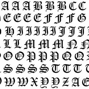 Old English Font Alphabet Upper Case 81 pcs 0.5 Inch tall Black Fused Glass Decals