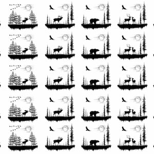 May include: A collection of thirty black silhouette illustrations arranged in a grid, featuring various nature scenes including pine forests, moose, deer, bears, and wolves, all set against a backdrop of a moon and flying birds.