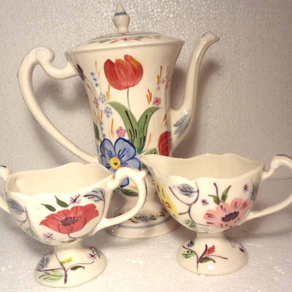 3 Piece Blue Ridge Pottery Chocolate Pot , Sugar and Creamer
