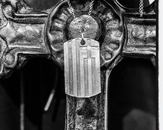 Etherial Sterling Silver .925 Talisman Luxury Designer Handcrafted Large Heavy Accurate Greek Flag Dog Tag Pendant with Cross and 9 Stripes