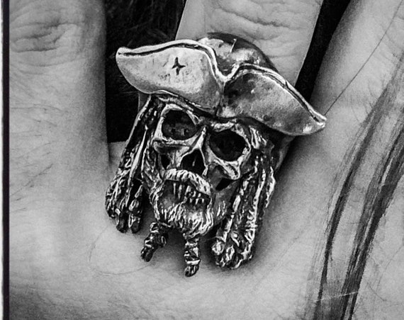 Etherial Jewelry - Rock Chic Talisman Luxury Biker Custom Handmade Artisan Pure Sterling Silver .925 Handcrafted Luxury Pirate Skull Ring