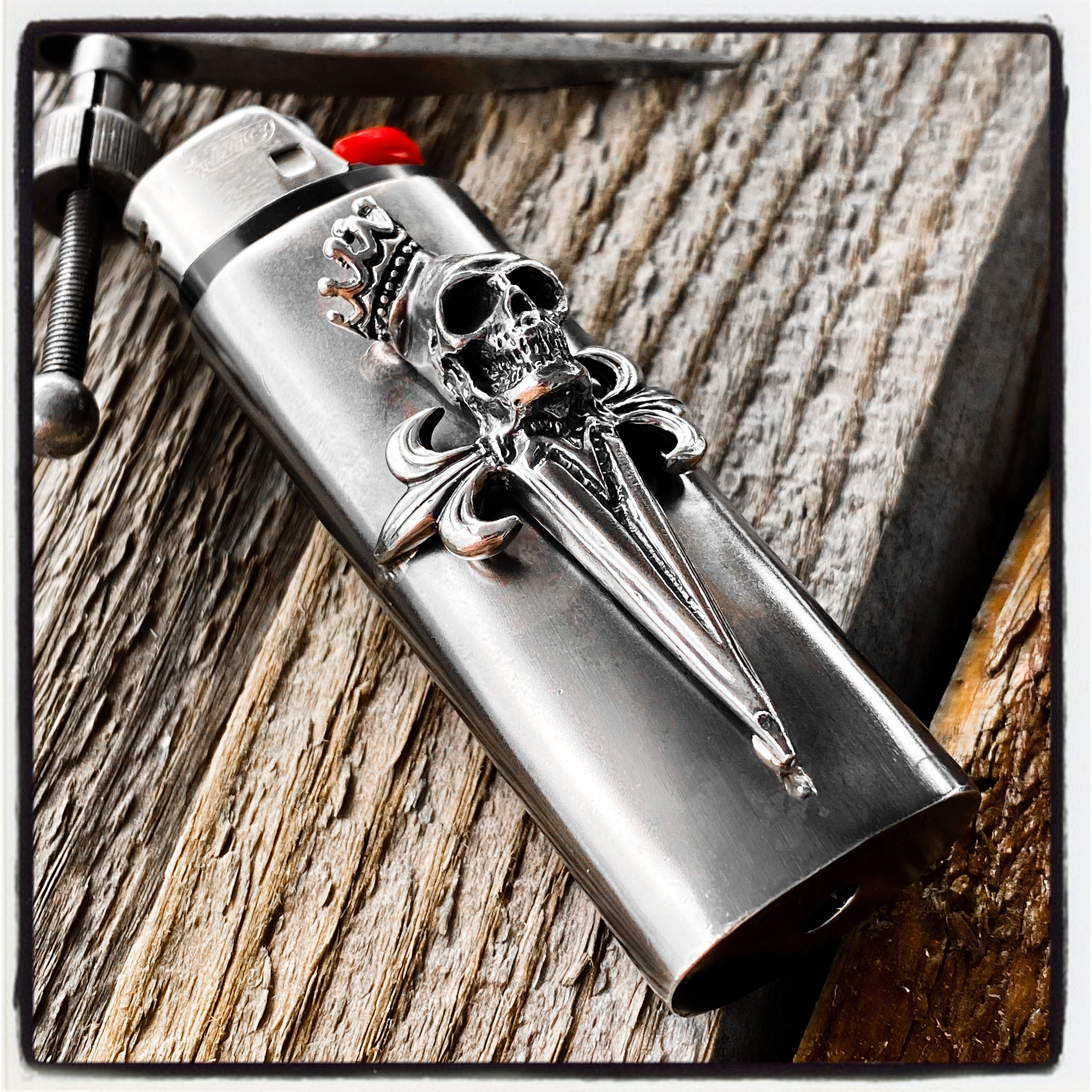 Metal Lighter Case for BIC Lighters, Lighter Protector and Bottle Opener -  Biker Skull