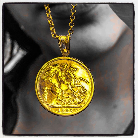 Sterling Silver Gold 1895 Sovereign Coin Pendant issued for Queen Victoria between 1838 - 1901. Reverse features St George the Dragon Slayer