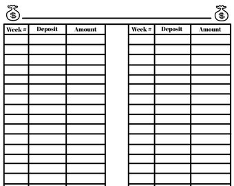 May include: A black and white printable chart with two columns labeled "Week #", "Deposit", and "Amount". The chart is designed for tracking weekly deposits and amounts.