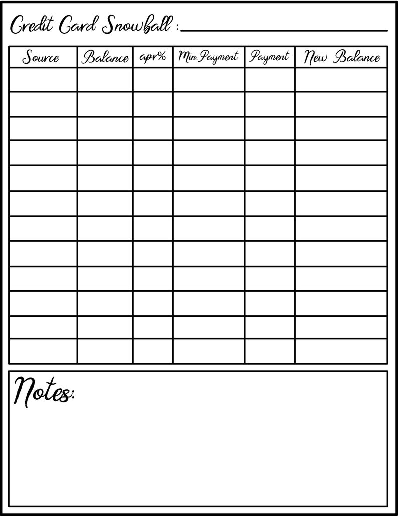 May include: A black and white printable credit card snowball tracker with columns for source, balance, apr, minimum payment, payment, and new balance. The tracker also includes a notes section at the bottom.