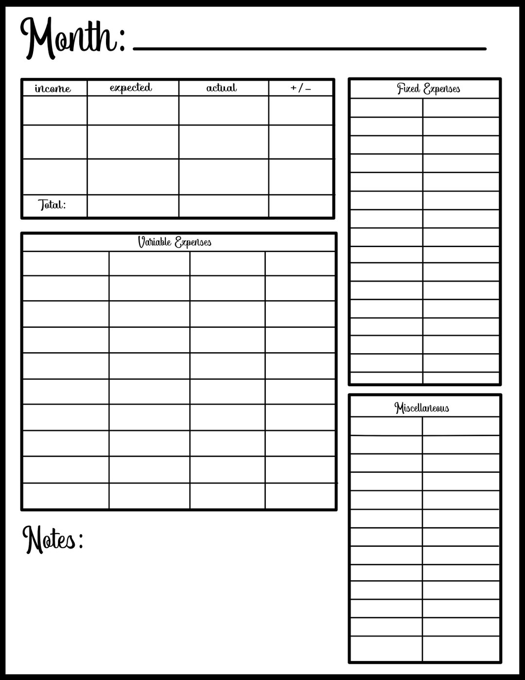 MONTHLY BUDGET CHART - Black & White, Simple Chart for Financial ...