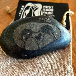 Penguin Love Pebble 2025 engraved stone rock black