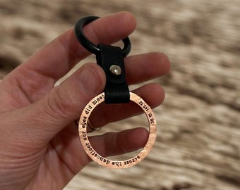 Copper & Leather Hammered Ring Key Charm Bag Tag Token Anniversary Gift