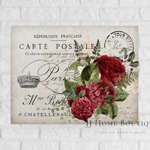 Vintage Shabby Chic Red Roses Graphic,  Instant digital download,  Printable graphic transfers