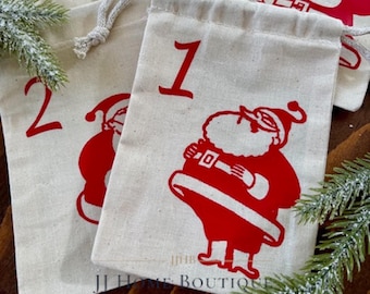 Handgemachte Baumwoll-Weihnachtsmann-Adventskalendertaschen - Wiederverwendbarer Weihnachts-Countdown