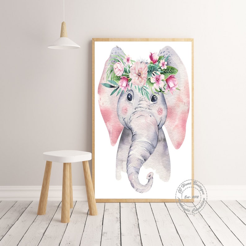 Elephant Nursery Print Elephant Floral Crown Nursery Decor Etsy