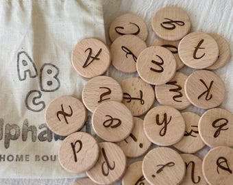 Wooden Alphabet Letter Coins , Handmade Engraved Set with Cotton Bag