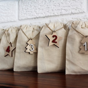 Advent Calendar,  Scandinavian Designs, 24 Cotton Bags with Wooden Numbers, Handmade, Countdown to Christmas