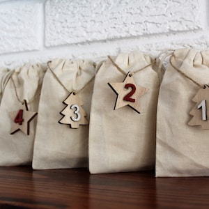 Advent Calendar Bags, Count down Christmas set of 24 bags, 100% cotton